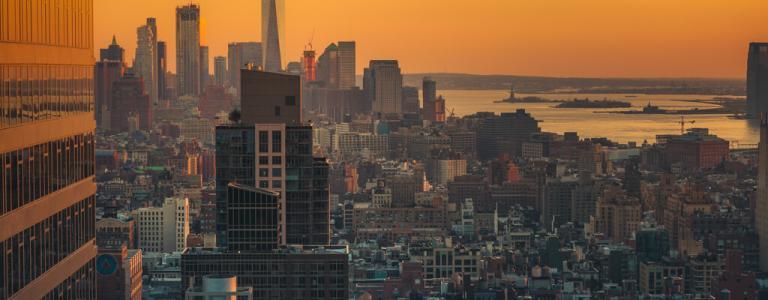 City skyline at dawn.