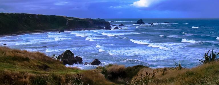 Evening beach with waves.